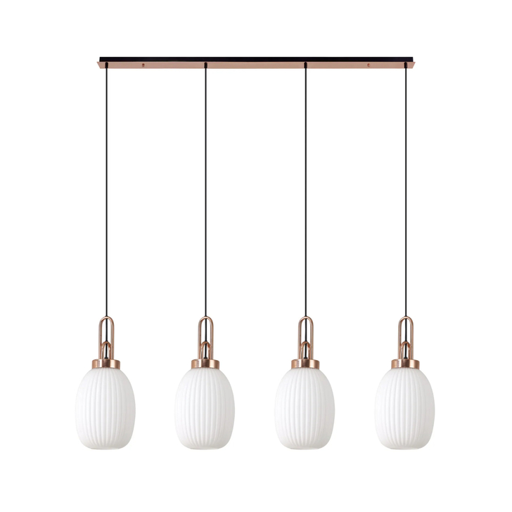 Idolite Camille Linear 4 Light Pendant With 20cm Almond Ribbed Glass, Copper/Matt Black Opal