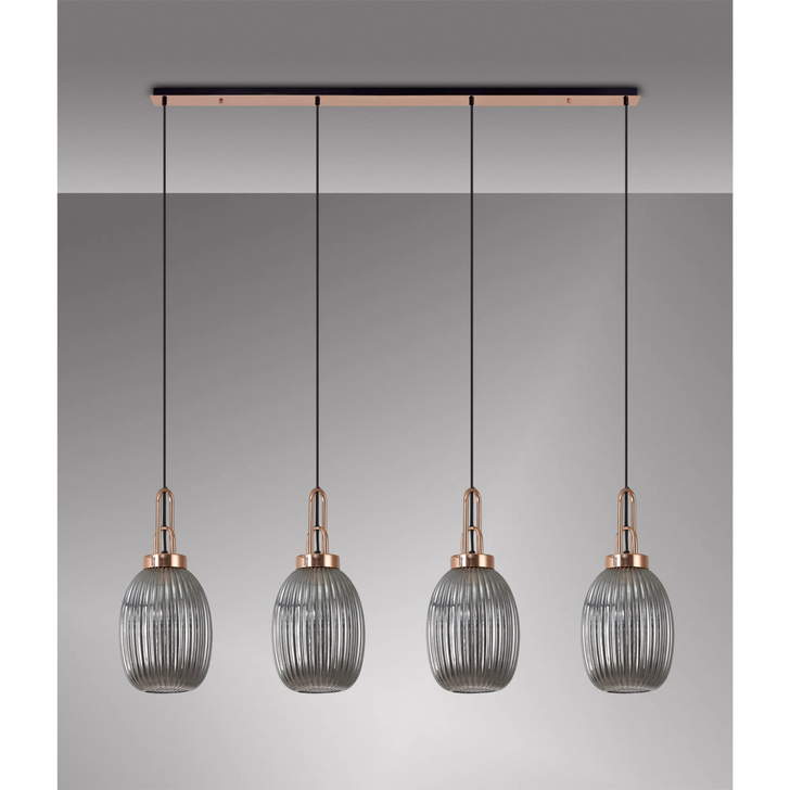 Idolite Camille Linear 4 Light Pendant With 20cm Almond Ribbed Glass, Copper/Matt Black Smoked