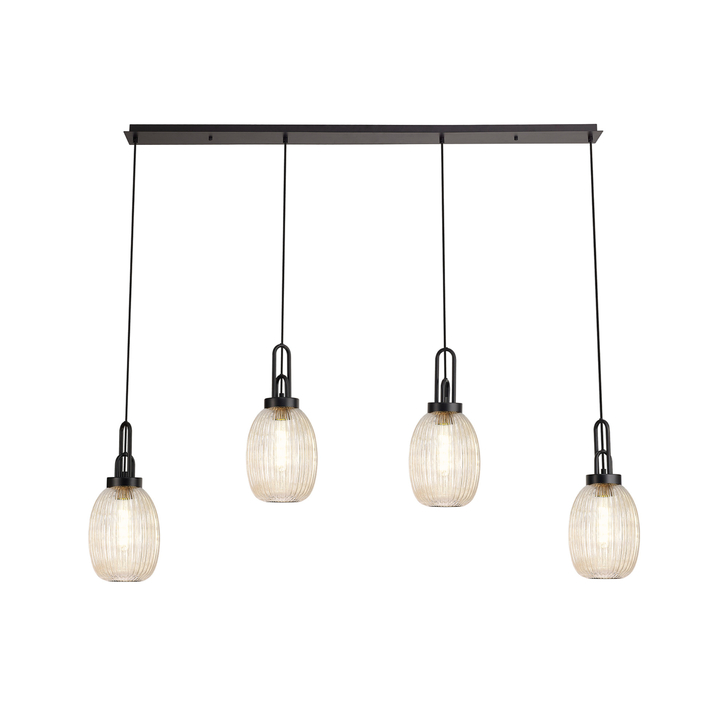 Idolite Camille Linear 4 Light Pendant With 20cm Almond Ribbed Glass, Matt Black/Matt Black Champagne