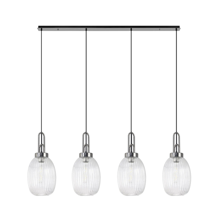 Idolite Camille Linear 4 Light Pendant With 20cm Almond Ribbed Glass, Polished Nickel/Matt Black Clear