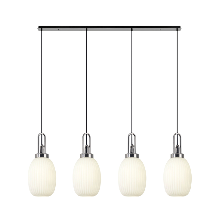 Idolite Camille Linear 4 Light Pendant With 20cm Almond Ribbed Glass, Polished Nickel/Matt Black Opal