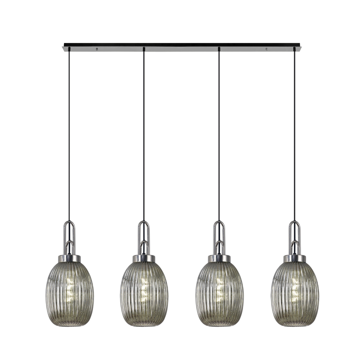 Idolite Camille Linear 4 Light Pendant With 20cm Almond Ribbed Glass, Polished Nickel/Matt Black Smoked