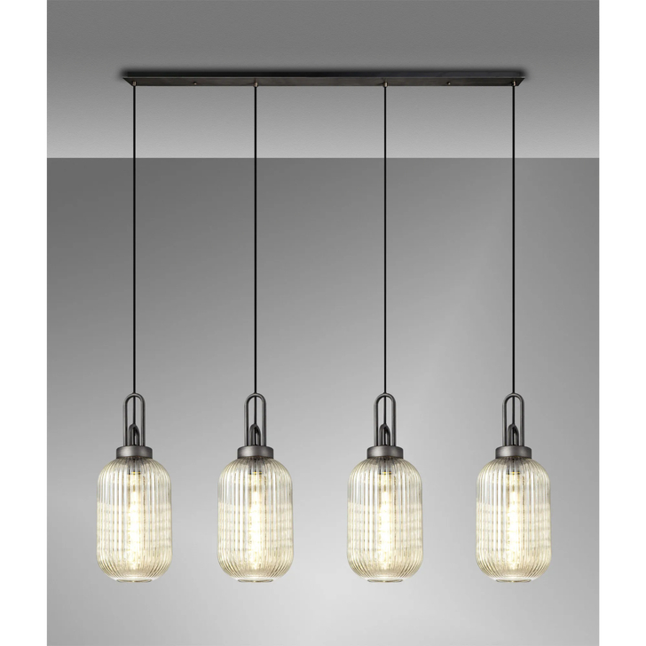 Idolite Camille Linear 4 Light Pendant With 20cm Tubular Ribbed Glass, Aged Pewter/Matt Black Champagne