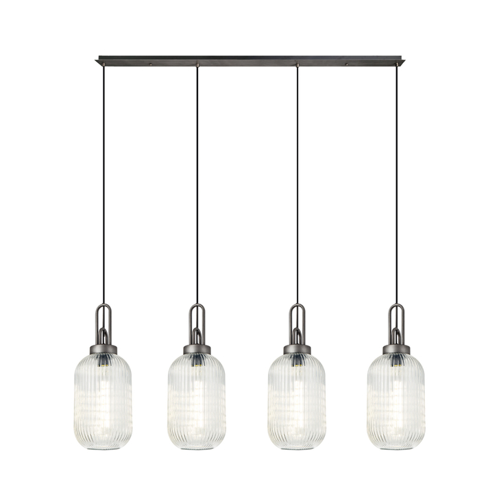 Idolite Camille Linear 4 Light Pendant With 20cm Tubular Ribbed Glass, Aged Pewter/Matt Black Clear