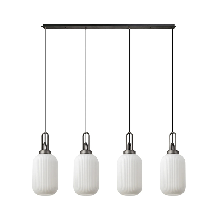 Idolite Camille Linear 4 Light Pendant With 20cm Tubular Ribbed Glass, Aged Pewter/Matt Black Opal