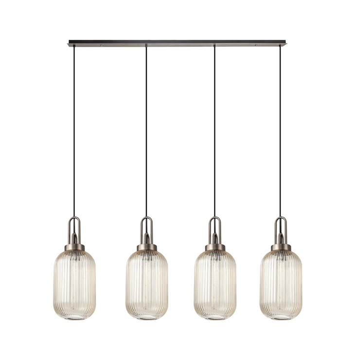 Idolite Camille Linear 4 Light Pendant With 20cm Tubular Ribbed Glass, Antique Silver/Matt Black Champagne