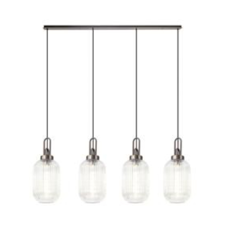 Idolite Camille Linear 4 Light Pendant With 20cm Tubular Ribbed Glass, Antique Silver/Matt Black Clear