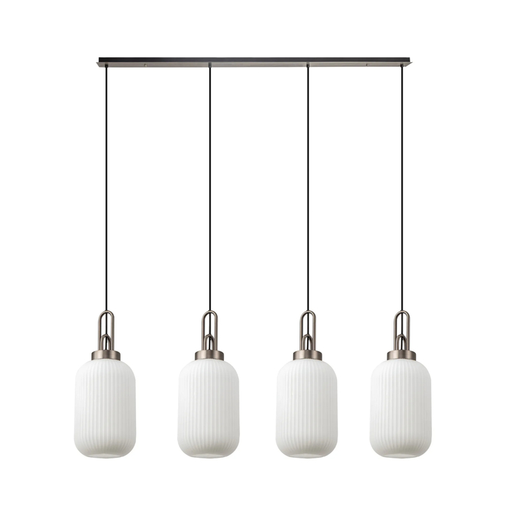 Idolite Camille Linear 4 Light Pendant With 20cm Tubular Ribbed Glass, Antique Silver/Matt Black Opal
