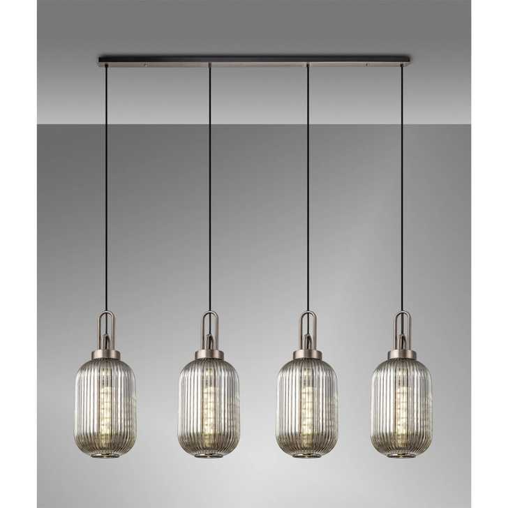 Idolite Camille Linear 4 Light Pendant With 20cm Tubular Ribbed Glass, Antique Silver/Matt Black Smoked