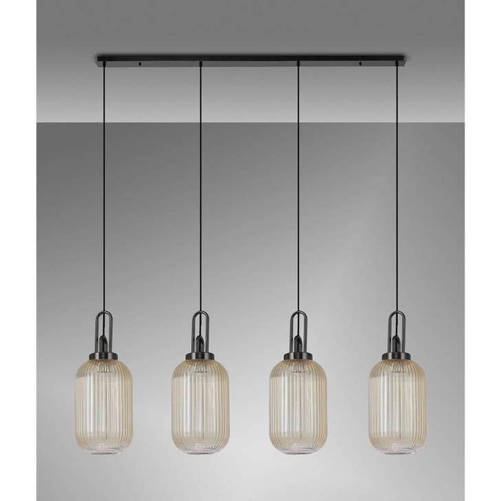 Idolite Camille Linear 4 Light Pendant With 20cm Tubular Ribbed Glass, Black Chrome/Matt Black Champagne