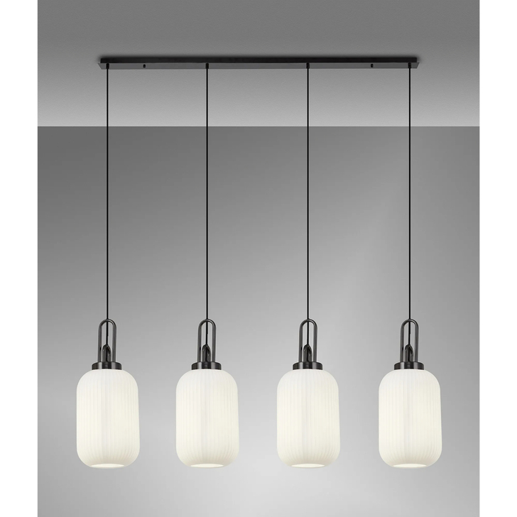 Idolite Camille Linear 4 Light Pendant With 20cm Tubular Ribbed Glass, Black Chrome/Matt Black Opal