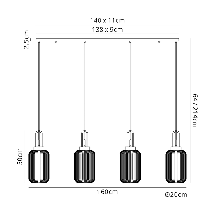Idolite Camille Linear 4 Light Pendant With 20cm Tubular Ribbed Glass, Black Chrome/Matt Black Smoked