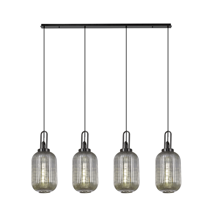 Idolite Camille Linear 4 Light Pendant With 20cm Tubular Ribbed Glass, Black Chrome/Matt Black Smoked