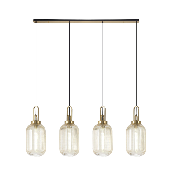 Idolite Camille Linear 4 Light Pendant With 20cm Tubular Ribbed Glass, Brass Gold/Matt Black Champagne
