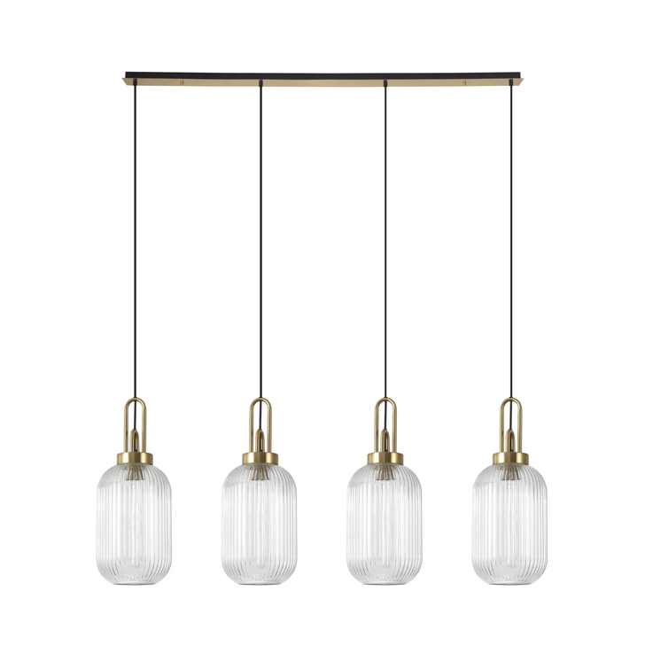 Idolite Camille Linear 4 Light Pendant With 20cm Tubular Ribbed Glass, Brass Gold/Matt Black Clear