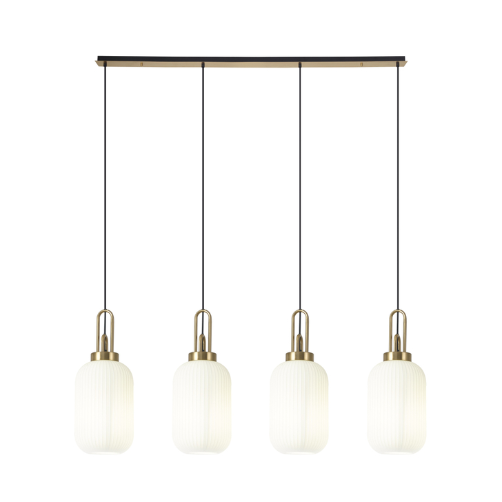 Idolite Camille Linear 4 Light Pendant With 20cm Tubular Ribbed Glass, Brass Gold/Matt Black Opal