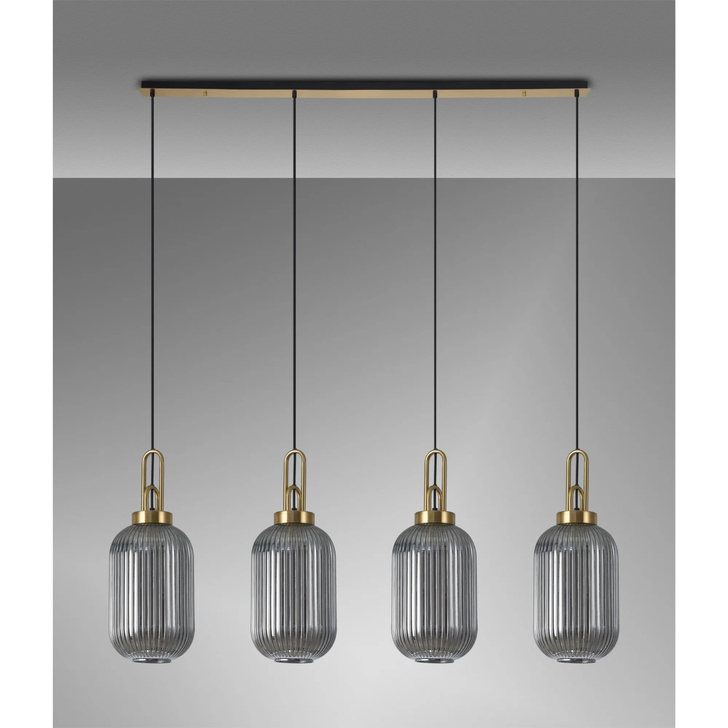 Idolite Camille Linear 4 Light Pendant With 20cm Tubular Ribbed Glass, Brass Gold/Matt Black Smoked