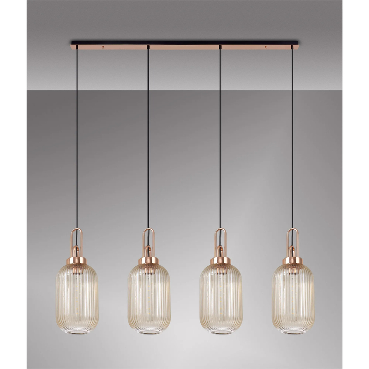 Idolite Camille Linear 4 Light Pendant With 20cm Tubular Ribbed Glass, Copper/Matt Black Champagne