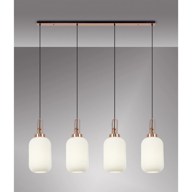 Idolite Camille Linear 4 Light Pendant With 20cm Tubular Ribbed Glass, Copper/Matt Black Opal
