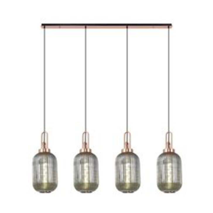 Idolite Camille Linear 4 Light Pendant With 20cm Tubular Ribbed Glass, Copper/Matt Black Smoked