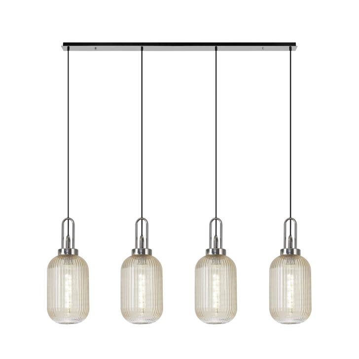 Idolite Camille Linear 4 Light Pendant With 20cm Tubular Ribbed Glass, Polished Nickel/Matt Black Champagne