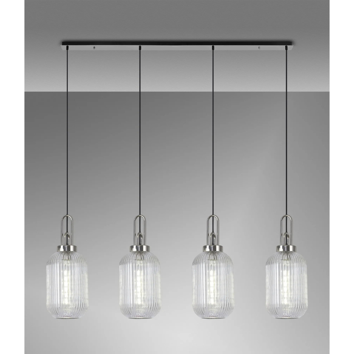 Idolite Camille Linear 4 Light Pendant With 20cm Tubular Ribbed Glass, Polished Nickel/Matt Black Clear