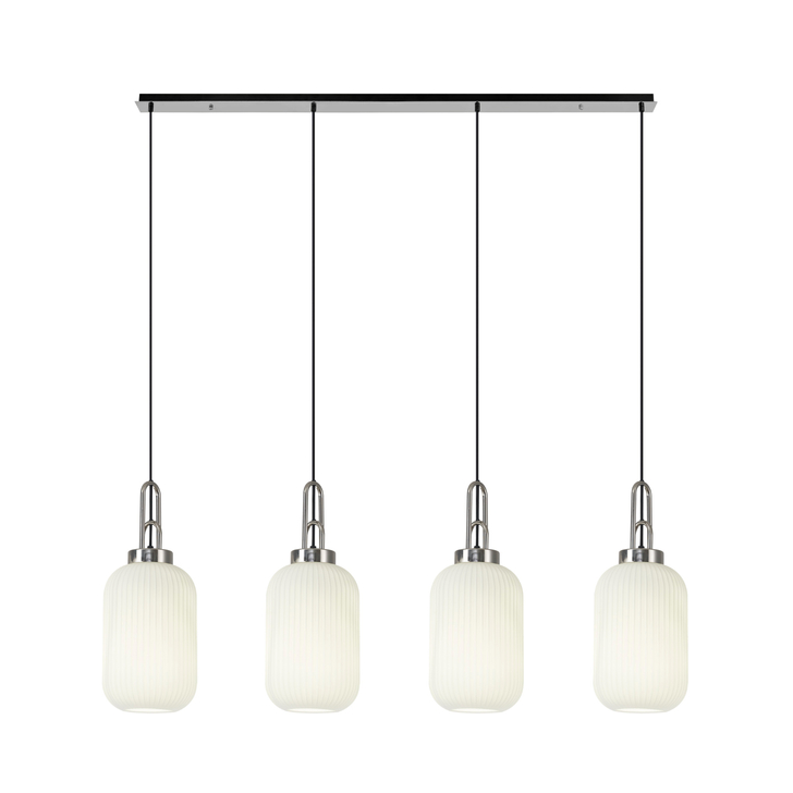 Idolite Camille Linear 4 Light Pendant With 20cm Tubular Ribbed Glass, Polished Nickel/Matt Black Opal