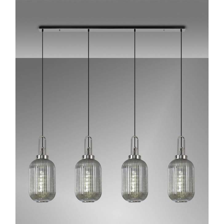 Idolite Camille Linear 4 Light Pendant With 20cm Tubular Ribbed Glass, Polished Nickel/Matt Black Smoked
