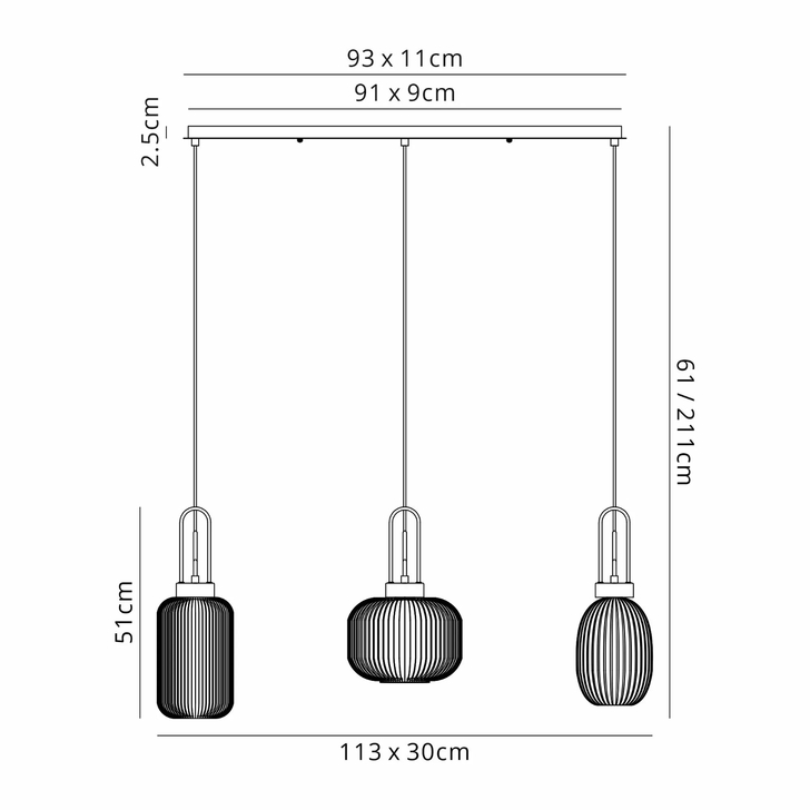 Idolite Camille Linear Pendant 3 x E27 With Various Glasses, Aged Pewter/Petrol Blue/Matt Black