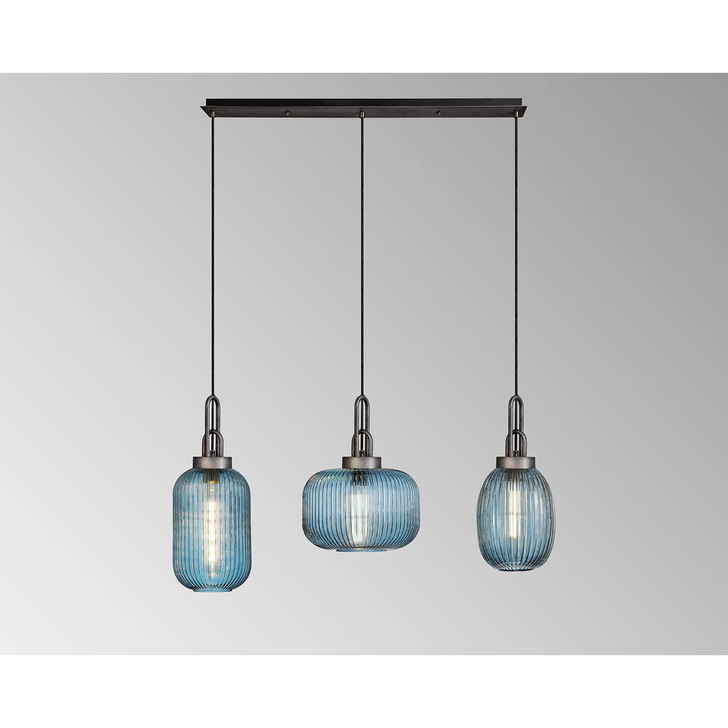 Idolite Camille Linear Pendant 3 x E27 With Various Glasses, Aged Pewter/Petrol Blue/Matt Black