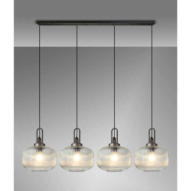 Idolite Camille Linear Pendant, 4 x E27, Aged Pewter/Matt Black With 30cm Pumpkin Shaped Ribbed Clear Glass