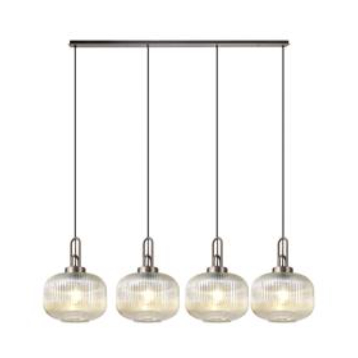 Idolite Camille Linear Pendant, 4 x E27, Antique Silver/Matt Black With 30cm Pumpkin Shaped Ribbed Champagne Glass