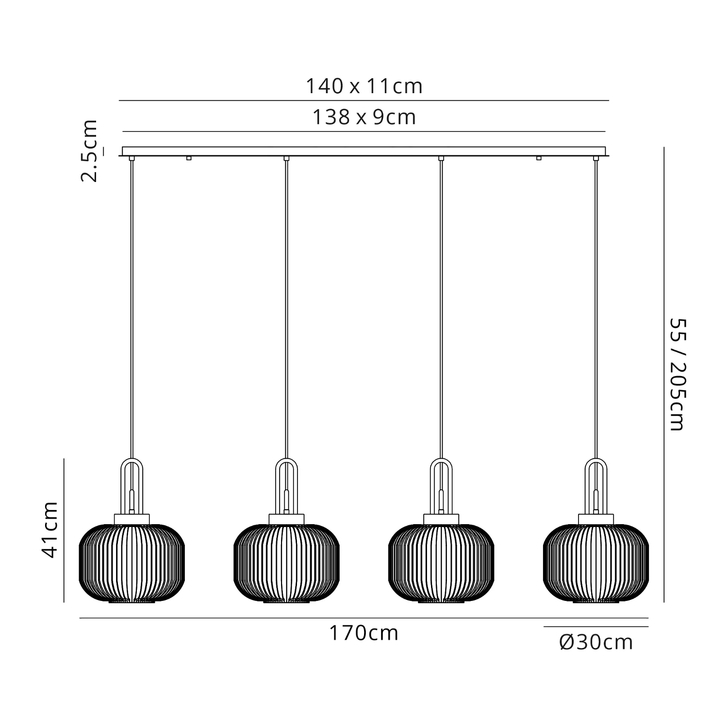 Idolite Camille Linear Pendant, 4 x E27, Antique Silver/Matt Black With 30cm Pumpkin Shaped Ribbed Clear Glass