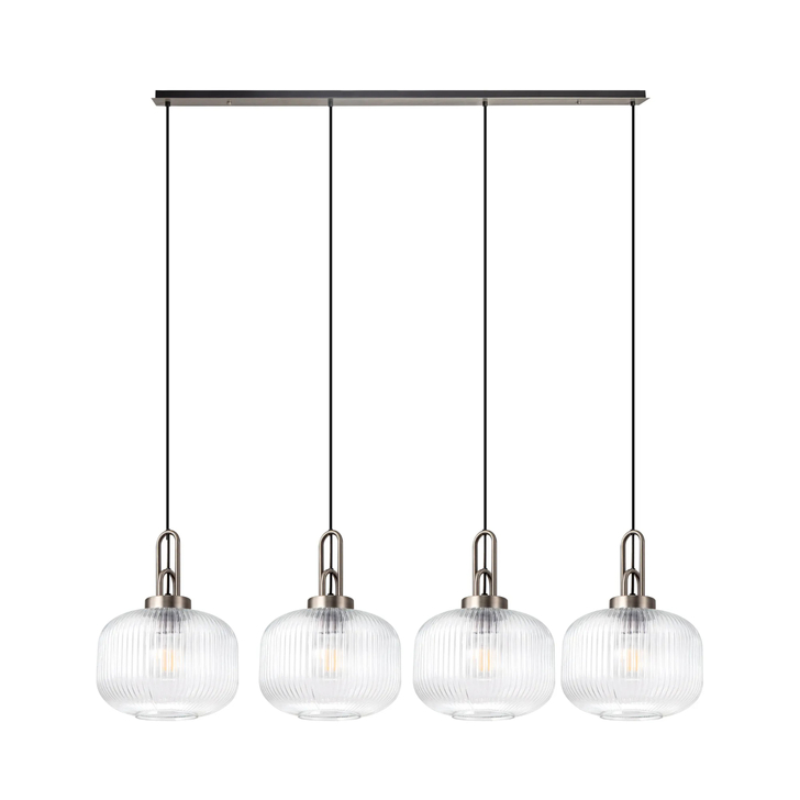 Idolite Camille Linear Pendant, 4 x E27, Antique Silver/Matt Black With 30cm Pumpkin Shaped Ribbed Clear Glass