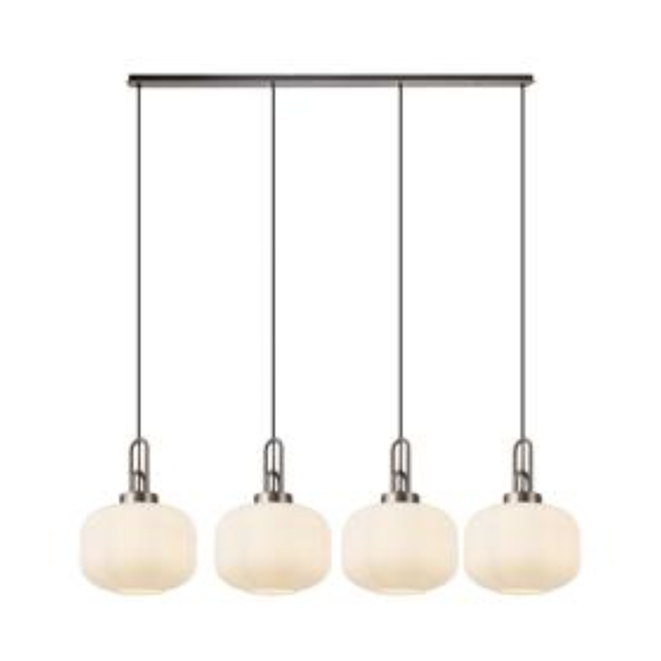 Idolite Camille Linear Pendant, 4 x E27, Antique Silver/Matt Black With 30cm Pumpkin Shaped Ribbed Opal Glass