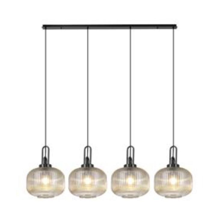 Idolite Camille Linear Pendant, 4 x E27, Black Chrome/Matt Black With 30cm Pumpkin Shaped Ribbed Champagne Glass