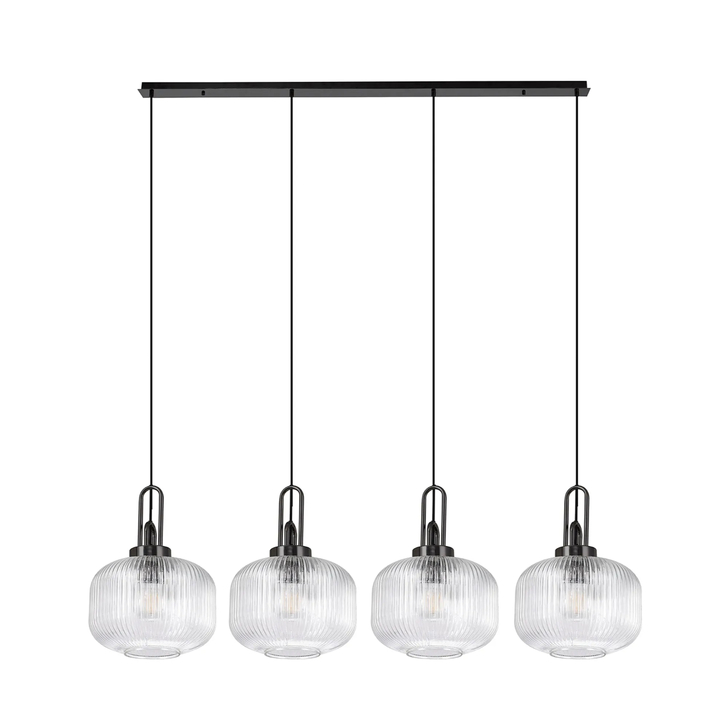 Idolite Camille Linear Pendant, 4 x E27, Black Chrome/Matt Black With 30cm Pumpkin Shaped Ribbed Clear Glass