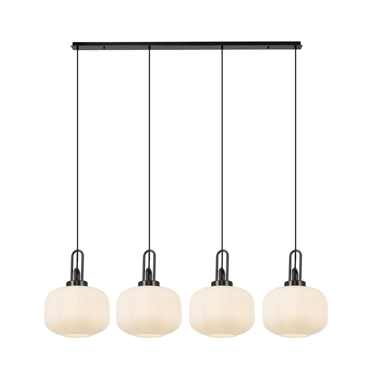 Idolite Camille Linear Pendant, 4 x E27, Black Chrome/Matt Black With 30cm Pumpkin Shaped Ribbed Opal Glass