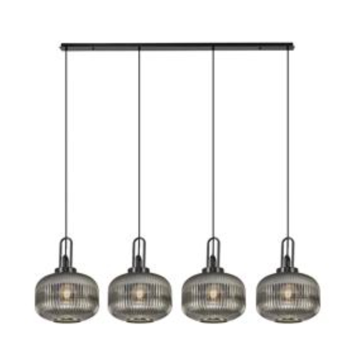 Idolite Camille Linear Pendant, 4 x E27, Black Chrome/Matt Black With 30cm Pumpkin Shaped Ribbed Smoked Glass