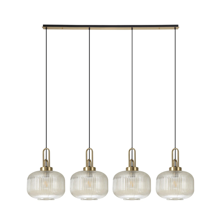 Idolite Camille Linear Pendant, 4 x E27, Brass Gold/Matt Black With 30cm Pumpkin Shaped Ribbed Champagne Glass