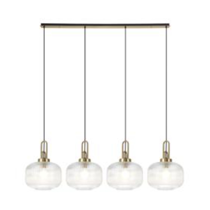 Idolite Camille Linear Pendant, 4 x E27, Brass Gold/Matt Black With 30cm Pumpkin Shaped Ribbed Clear Glass