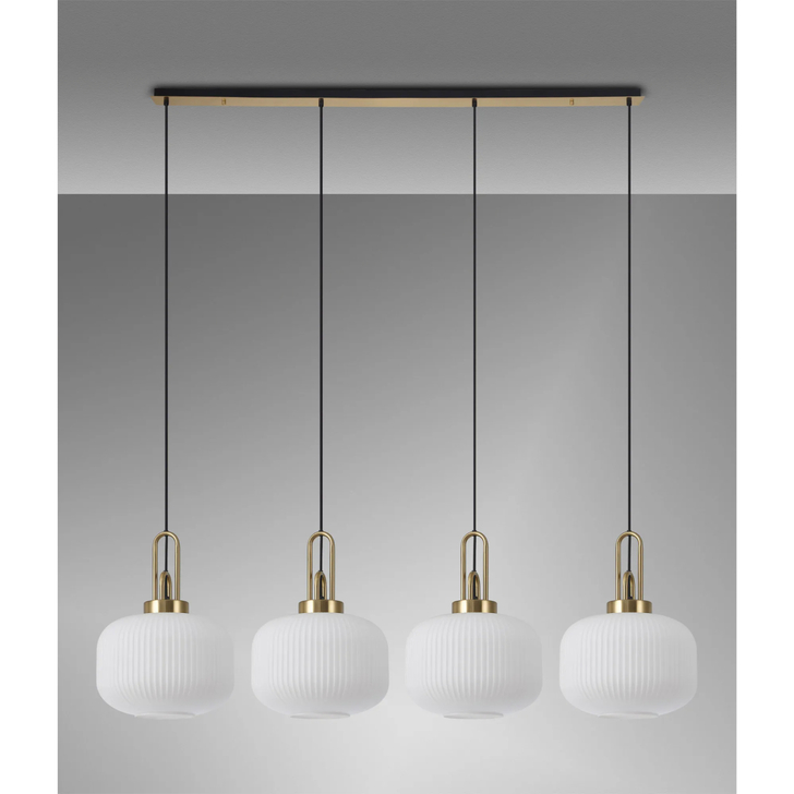 Idolite Camille Linear Pendant, 4 x E27, Brass Gold/Matt Black With 30cm Pumpkin Shaped Ribbed Opal Glass