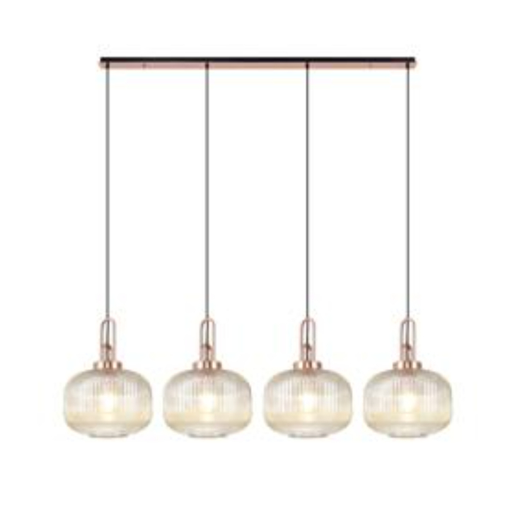 Idolite Camille Linear Pendant, 4 x E27, Copper/Matt Black With 30cm Pumpkin Shaped Ribbed Champagne Glass