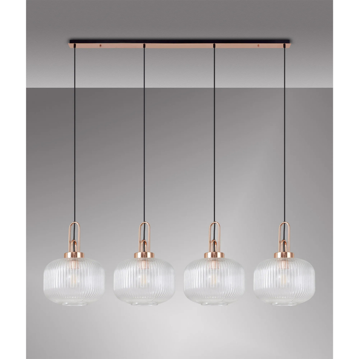 Idolite Camille Linear Pendant, 4 x E27, Copper/Matt Black With 30cm Pumpkin Shaped Ribbed Clear Glass