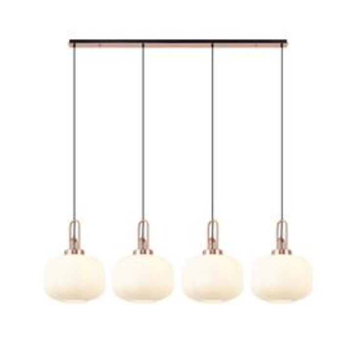 Idolite Camille Linear Pendant, 4 x E27, Copper/Matt Black With 30cm Pumpkin Shaped Ribbed Opal Glass