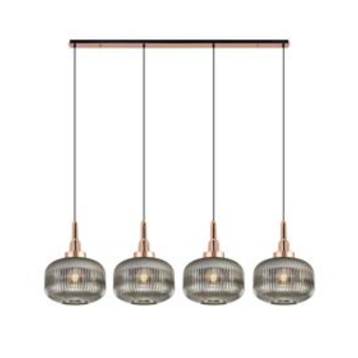 Idolite Camille Linear Pendant, 4 x E27, Copper/Matt Black With 30cm Pumpkin Shaped Ribbed Smoked Glass