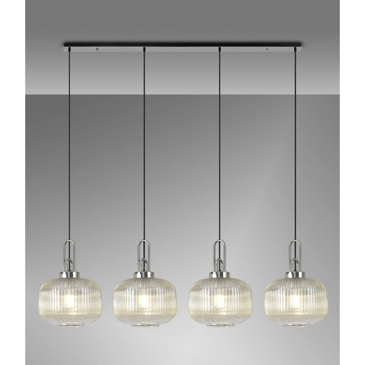 Idolite Camille Linear Pendant, 4 x E27, Polished Nickel/Matt Black With 30cm Pumpkin Shaped Ribbed Champagne Glass