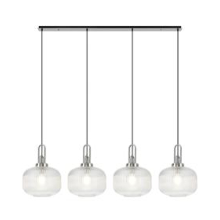 Idolite Camille Linear Pendant, 4 x E27, Polished Nickel/Matt Black With 30cm Pumpkin Shaped Ribbed Clear Glass