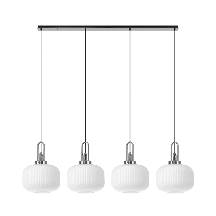 Idolite Camille Linear Pendant, 4 x E27, Polished Nickel/Matt Black With 30cm Pumpkin Shaped Ribbed Opal Glass