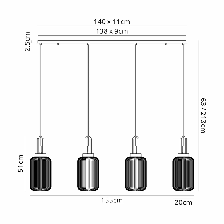 Idolite Camille Linear Pendant 4 x E27 With 20cm Tubular Ribbed Glass, Aged Pewter/Champagne/Smoked/Matt Black